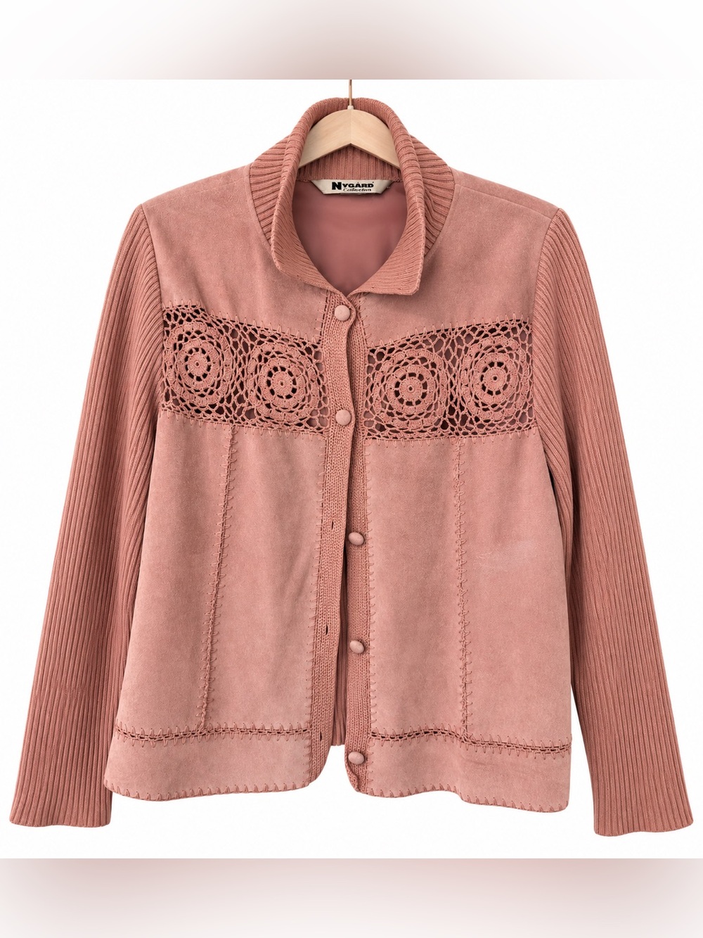 Peter Nygard Dusty Rose Pink Suede & Crochet Knit Button Jacket Cardigan